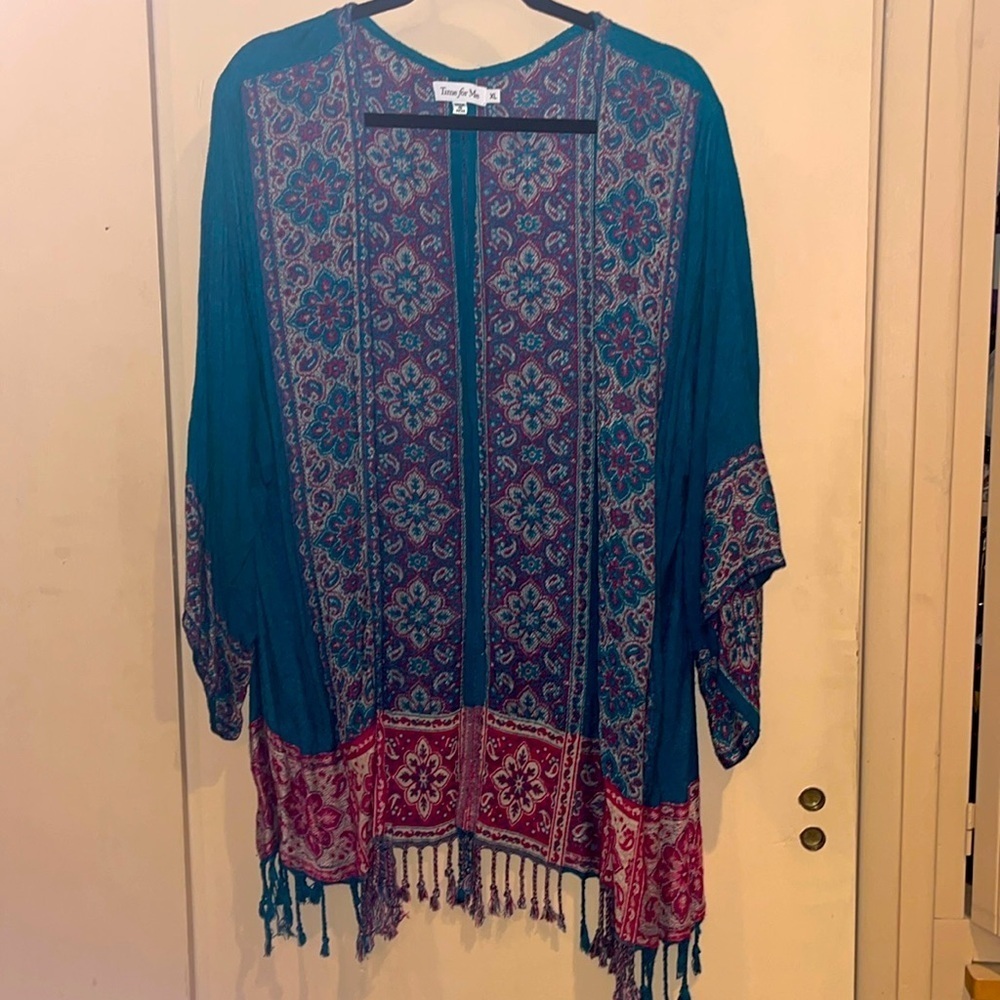 Time for Me viscose kimono/ cardigan teal blue with hot pink size XL
